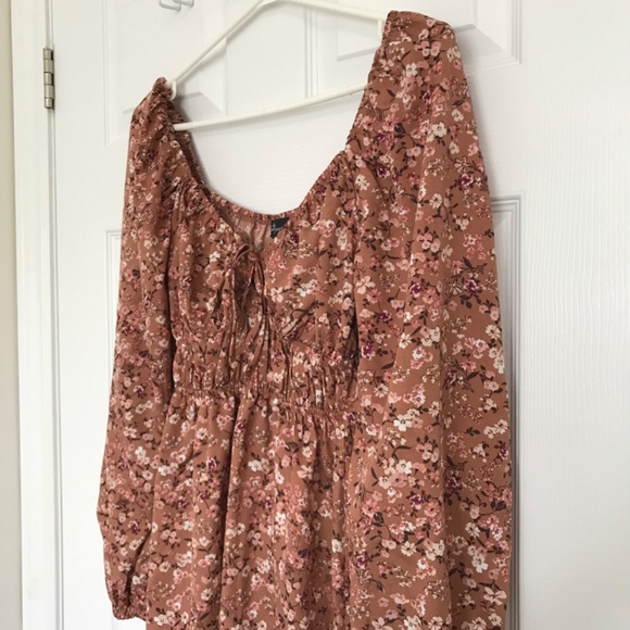 Streetwear Society Sweetheart Neckline Tie Floral Dress S Brown Pink Long Sleeve - Picture 6 of 15